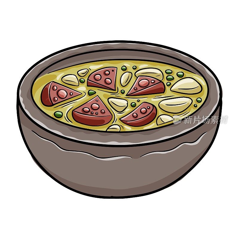 葡萄牙风味的Caldo Verde汤，面包，卷心菜，油，大蒜和西班牙香肠